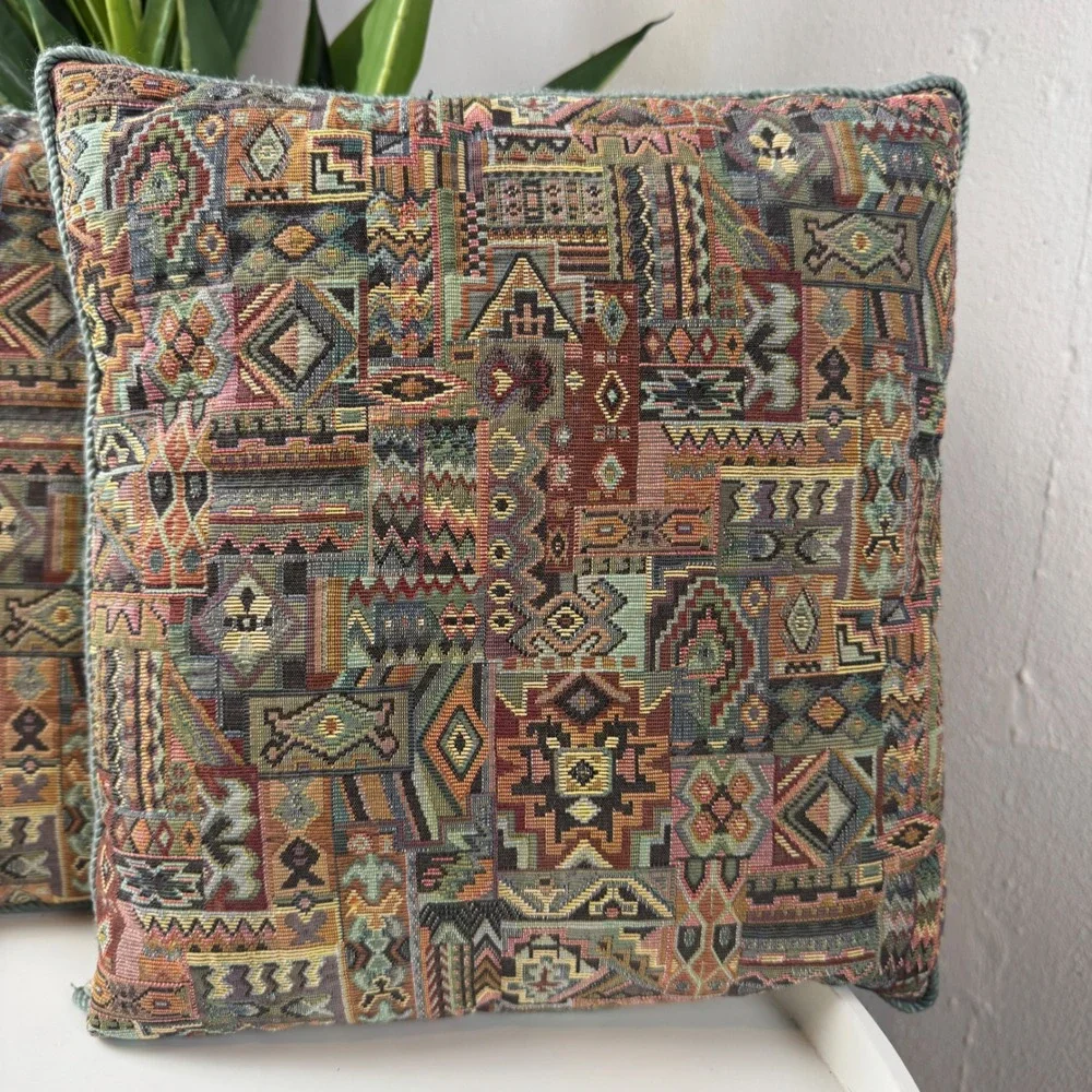 Set of Two Vintage Earthy Southwestern Aztec Geometric Woven Throw Pillows 13x13